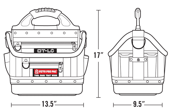 Veto Pro Pac Model OT-LC open top Tool Tote Storage Bag Dimensions